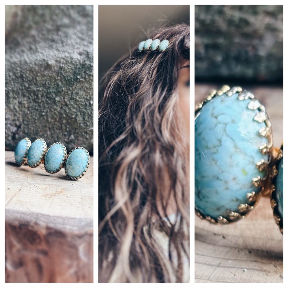 Vintage Turquoise Cabochon Barrette Made in France 2” Western Boho - Picture 5 of 14